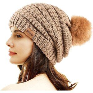 👑Women khaki Winter Pom Pom Beanie Hat with Warm Fleece Lined XL